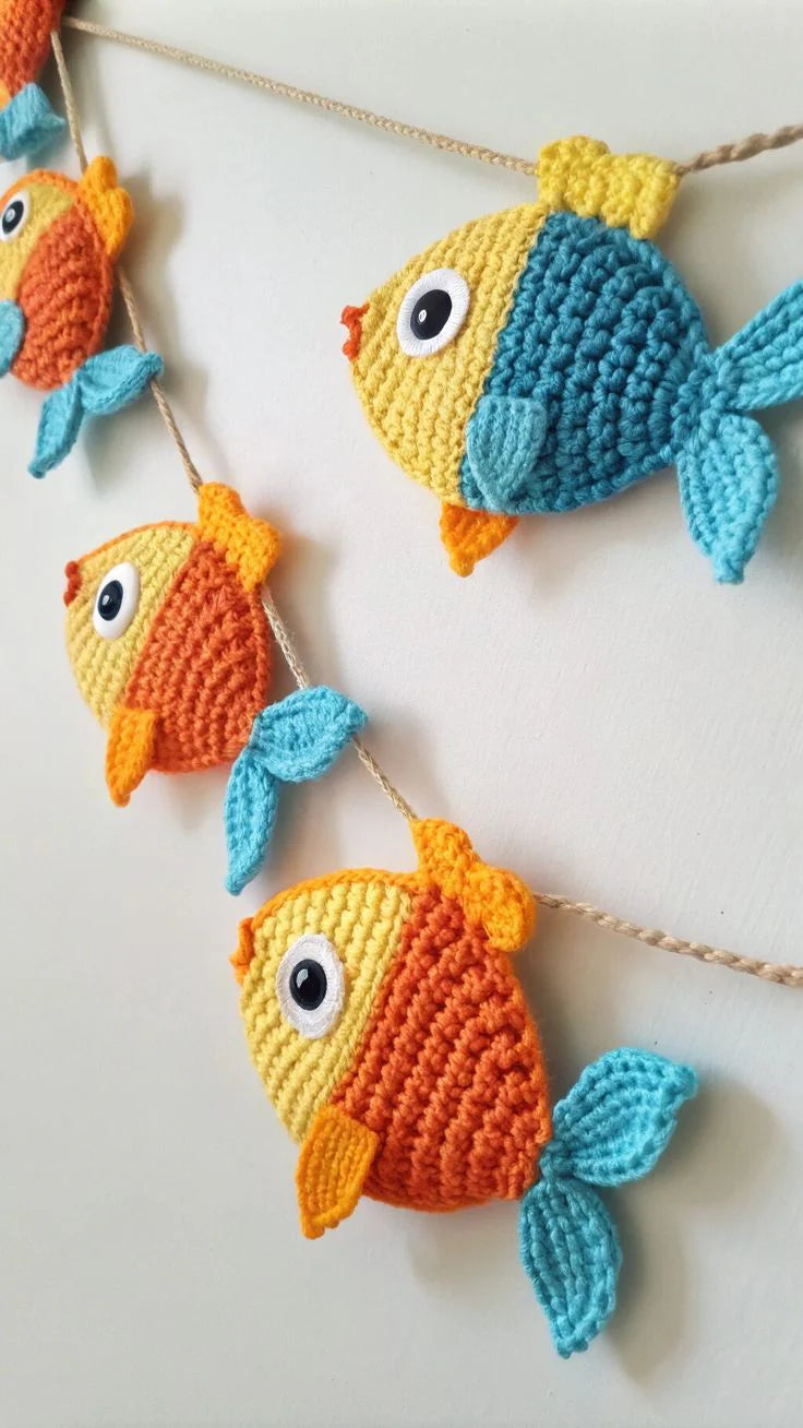 Bunt gemusterte Fischgirlande Häkelanleitung